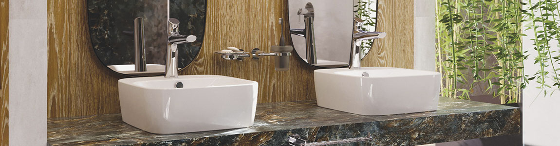 Baño de hogar con tonos arena, iluminación LED y plantas