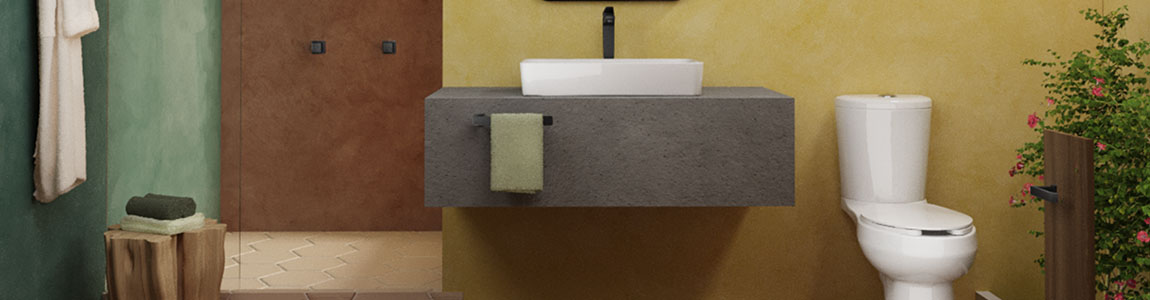 Monomando de lavabo en color negro de la colección Spiga en colores tierrosos y pared de fondo amarillo