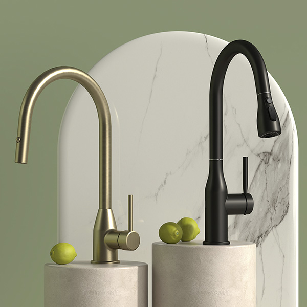 Llave de fregadero de cocina Kampa y Práctika de Helvex en acabados ébano y duna