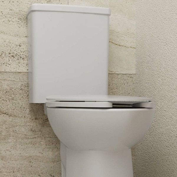 WC sustenta en un baño de casa con colores claros, con un portapapel oscuro y una pared gris.