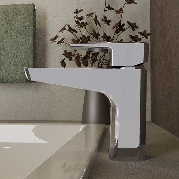 Llave de lavabo piazza en acabado cromo con sistema ahorrador aireavex en un lavabo liso, plantas de fondo y colores tierra